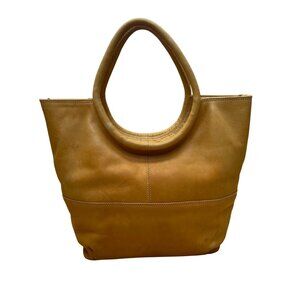 Chaos Tan Leather Crossbody Strap Circular Handles & Snap Closure Tote Bag